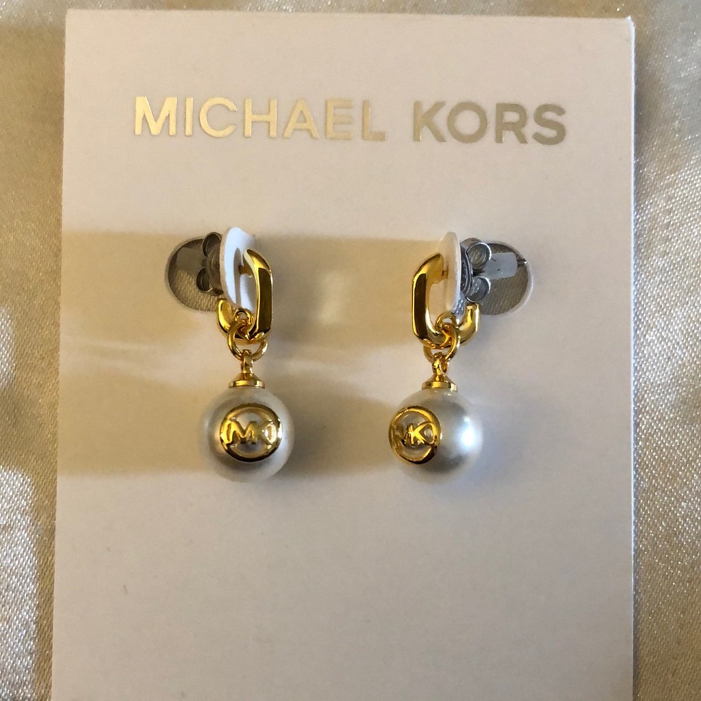 Michael Kors Gold Plated Huggie Hoop Earrings White Pearl Bead & MK Logo NWT